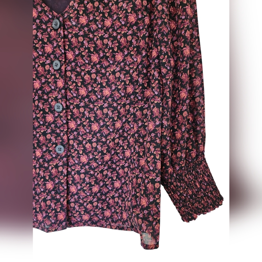 MADEWELL Orchard Floral Smocked Cuff Button-Up Top, size 00, purple/orange - Picture 4 of 7